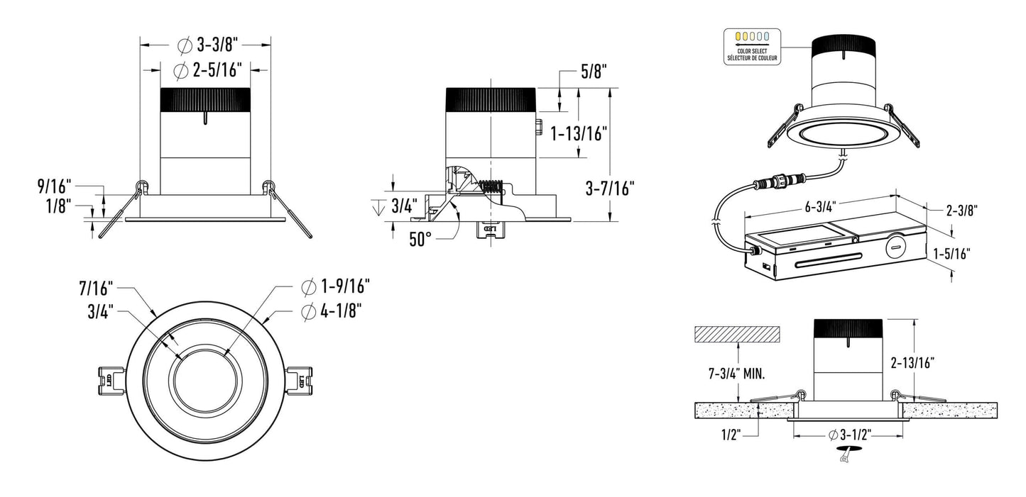 3in Modular Downlight, 5CCT, 20 degree Beam Angle, Regressed, Black, Black Trim