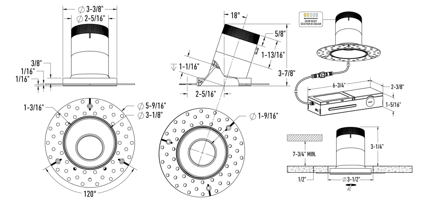 3in Modular Downlight, 5CCT, 20 degree Beam Angle, Slope Ceiling, Gold,Trimless