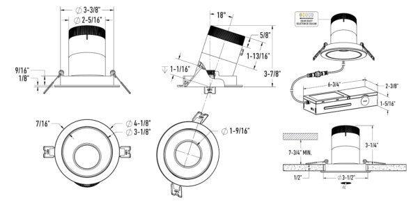 3in Modular Downlight, 5CCT, 35 degree Beam Angle, Slope Ceiling, Black, Black Trim