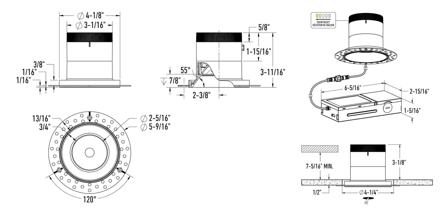 4in Modular Downlight, 5CCT, 35 degree Beam Angle, Regressed, Black, White Trim
