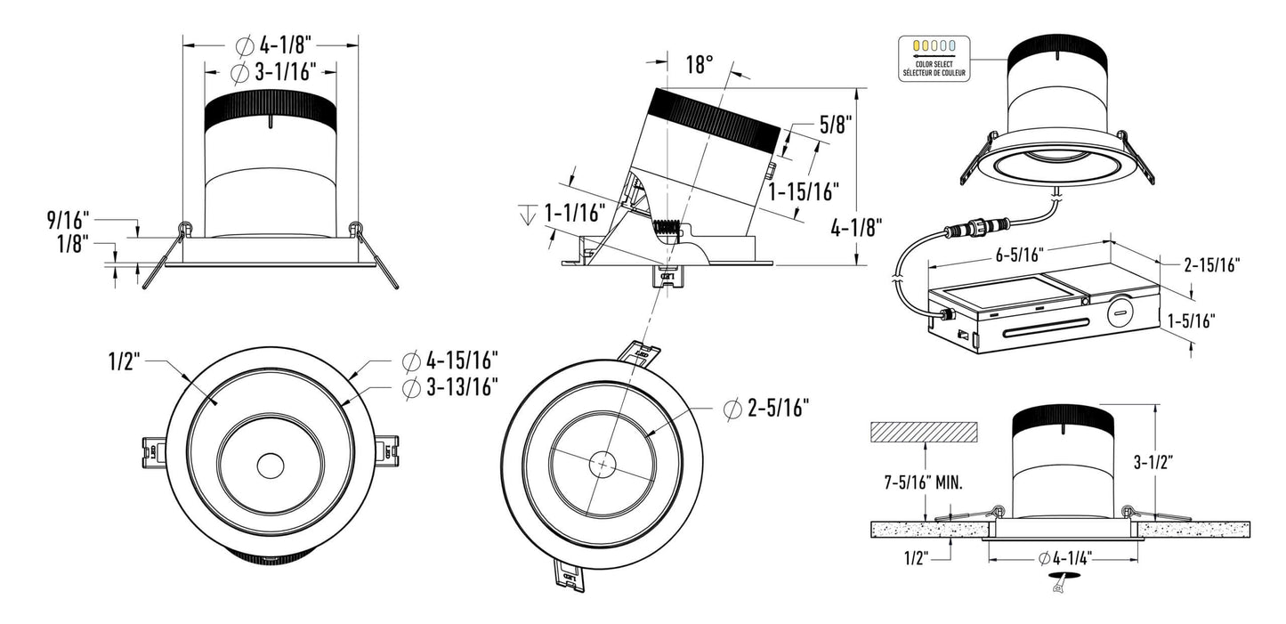 4in Modular Downlight, 5CCT, 20 degree Beam Angle, Slope Ceiling, White, Black Trim