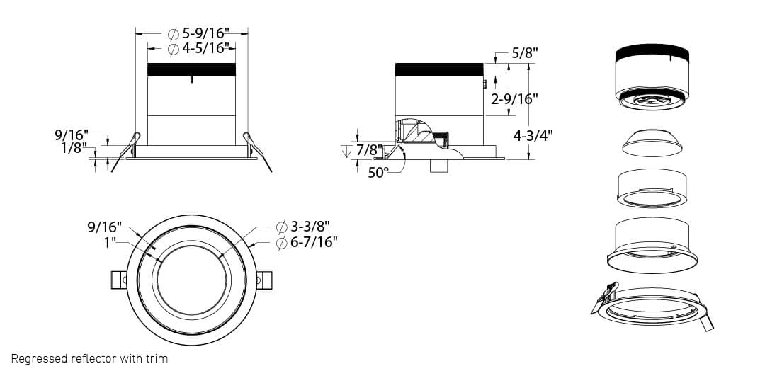 6in Modular Downlight, 5CCT, 60 degree Beam Angle, Regressed, White, Black Trim