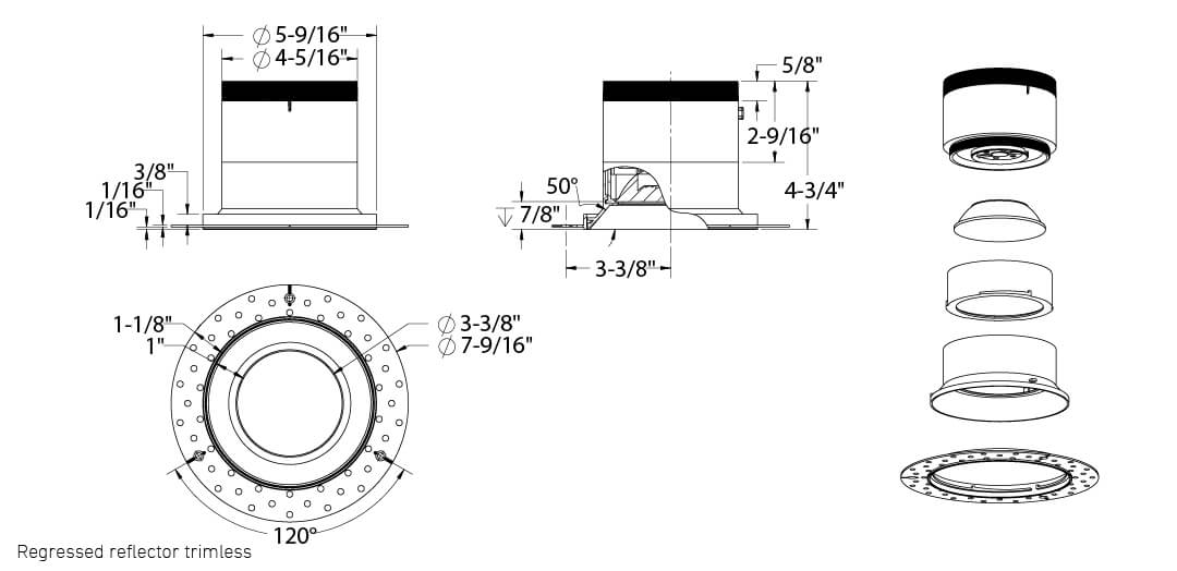 6in Modular Downlight, 5CCT, 20 degree Beam Angle, Regressed, Gold,Trimless