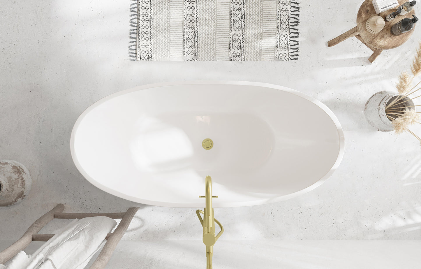 62 inch Soaking Bathtub in Glossy White with Brushed Gold Trim
