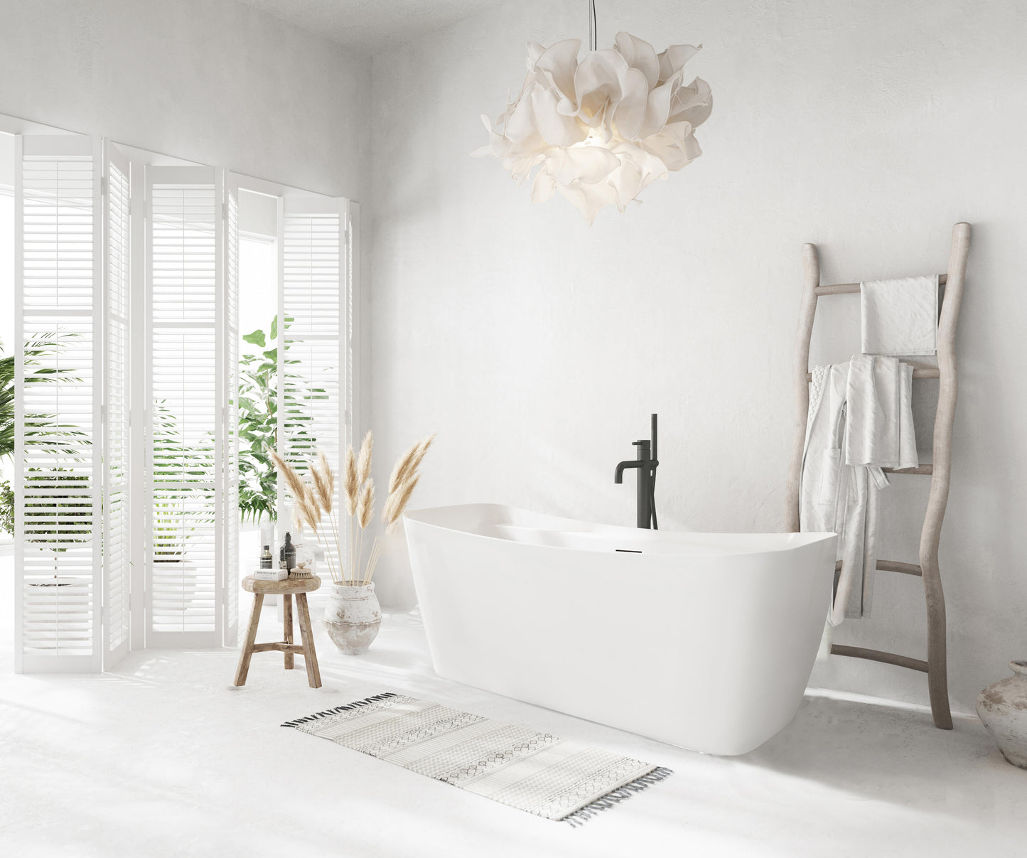 59 inch Soaking Bathtub in Glossy White with Matte Black Trim