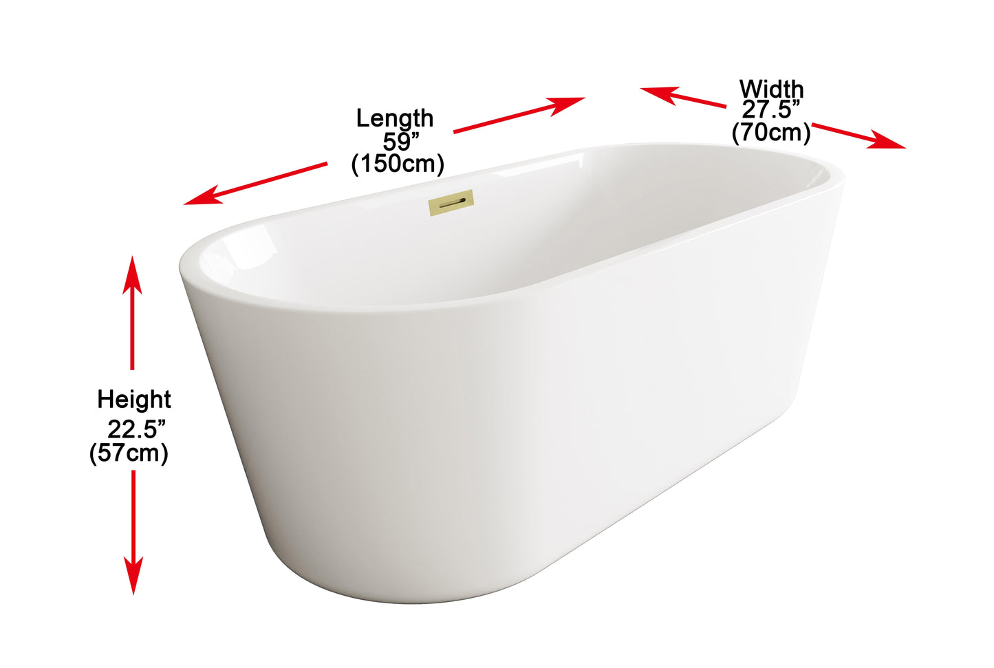 59 inch Soaking Bathtub in Glossy White with Brushed Gold Trim