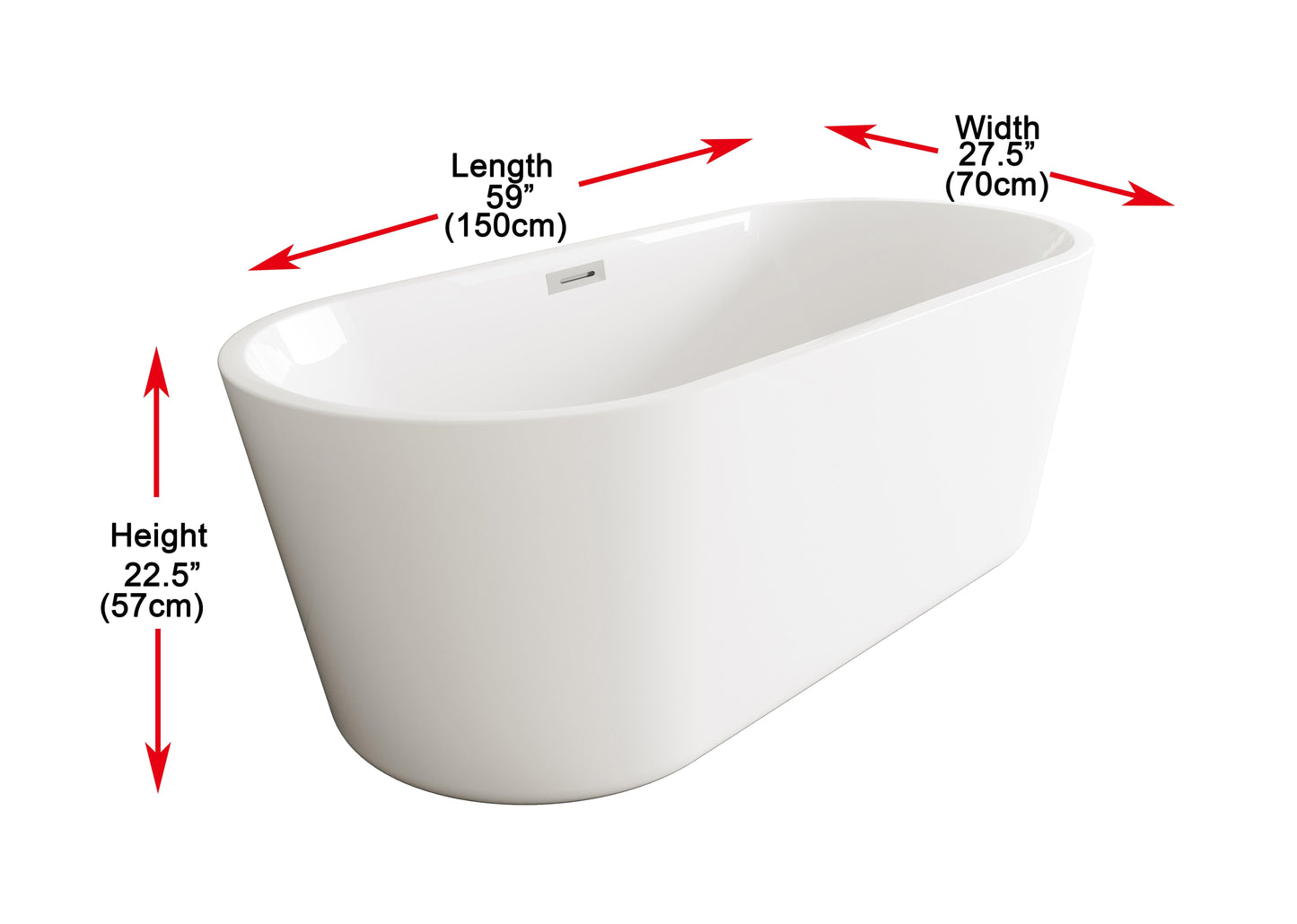 59 inch Soaking Bathtub in Glossy White with Brushed Nickel Trim