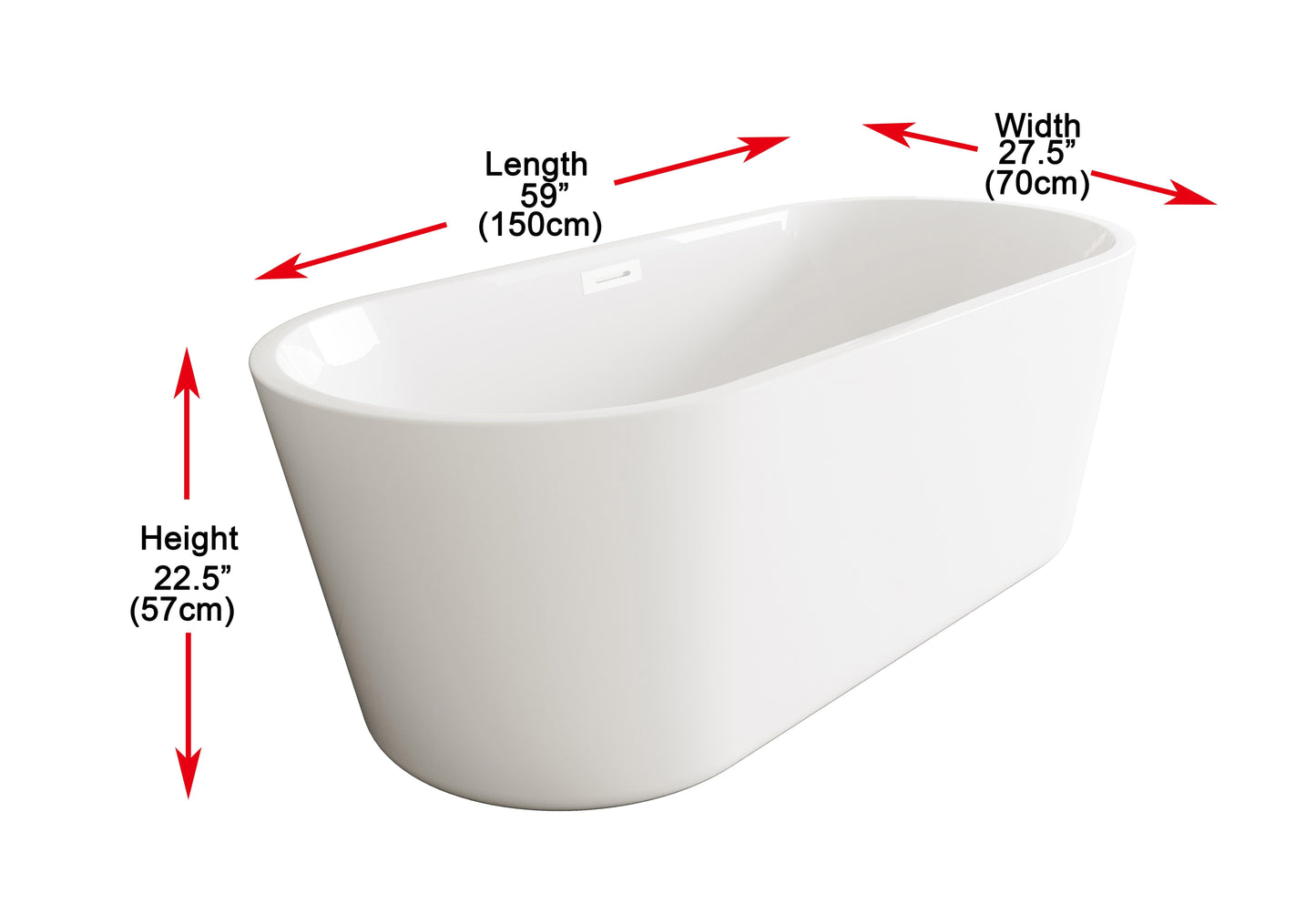 59 inch Soaking Bathtub in Glossy White with Polished White Trim