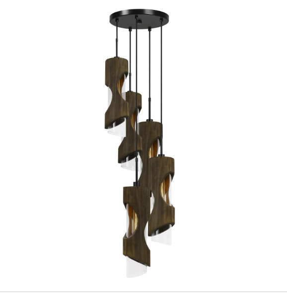 60W X 5 Zamora 5 Light Wood Pendant With Clear Glass Shade