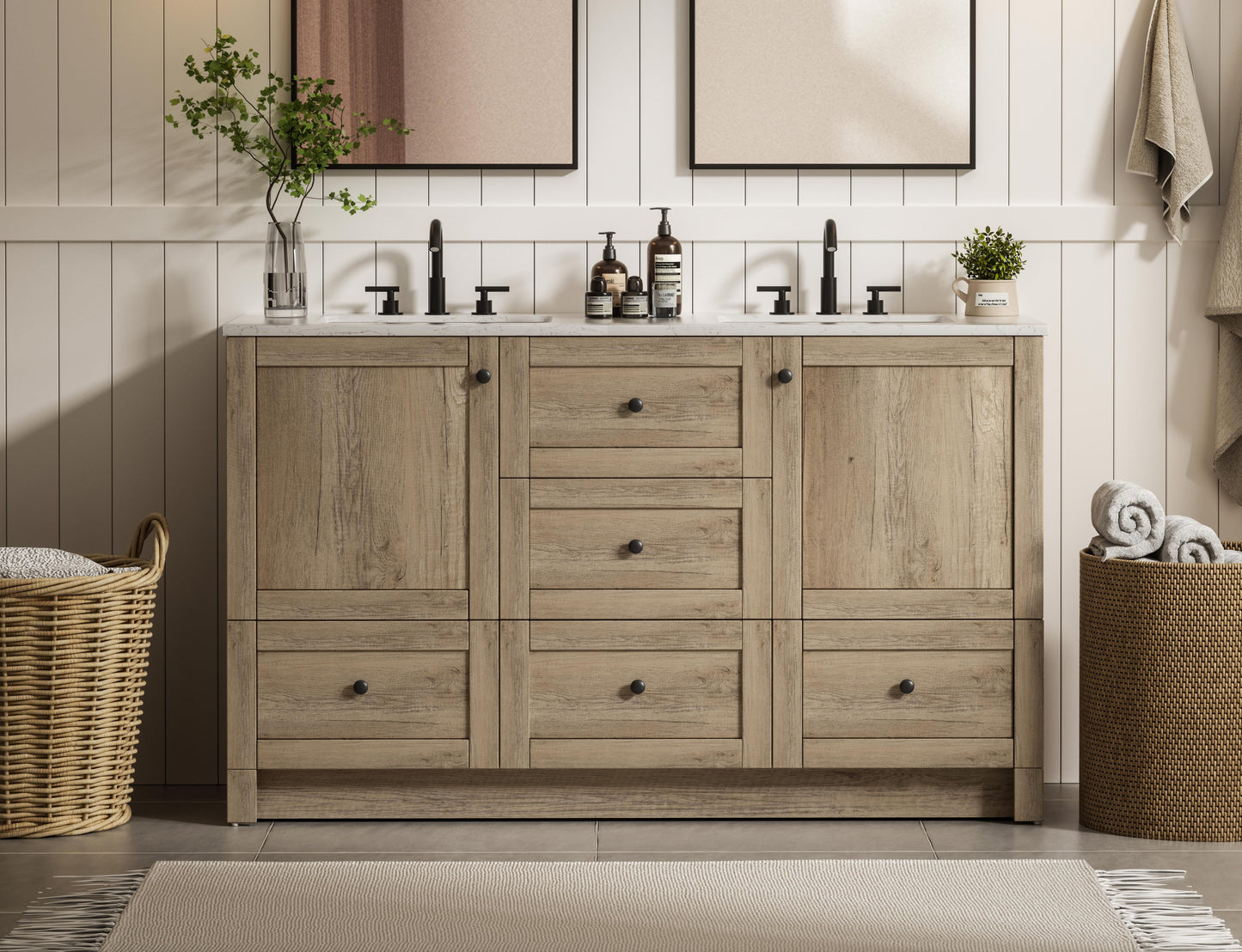 54 inch Double Bathroom Vanity In Natural Oak