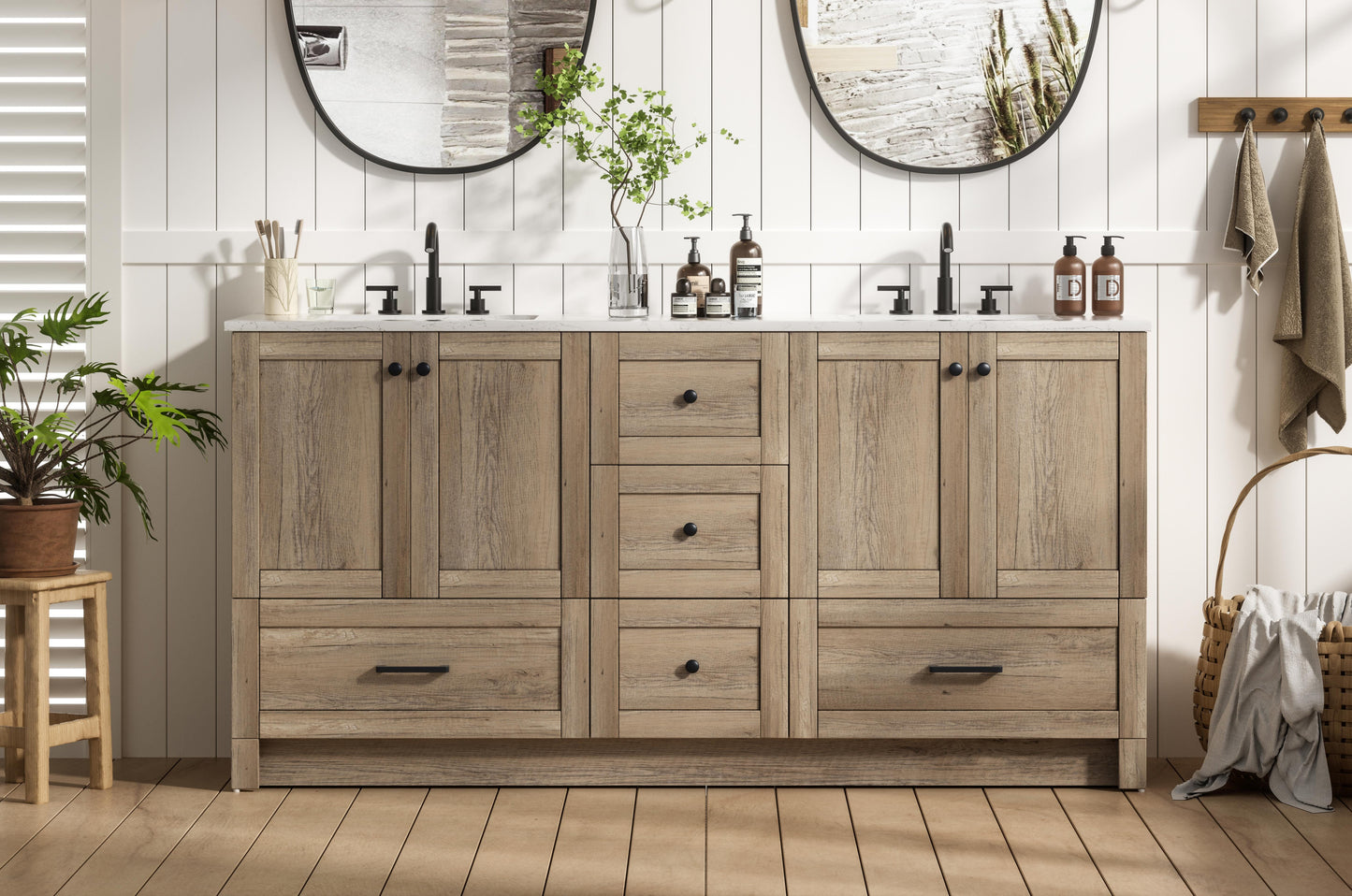 66 inch Double Bathroom Vanity In Natural Oak