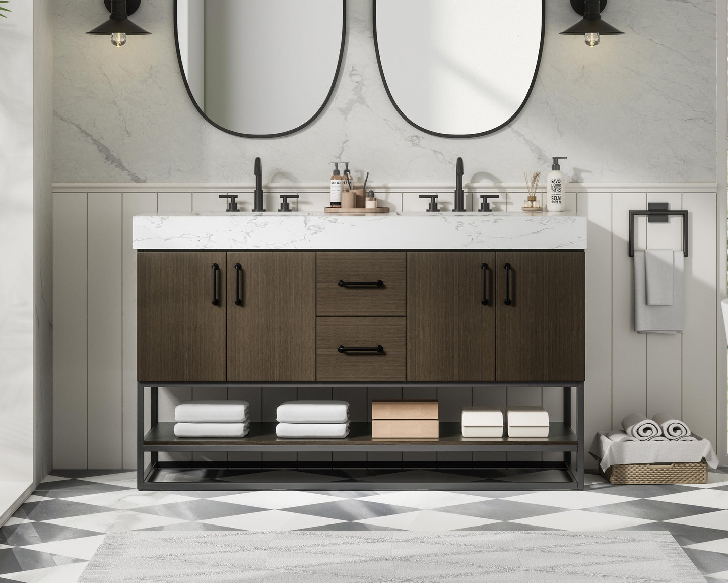 54 inch Double Bathroom Vanity in Mocha Brown