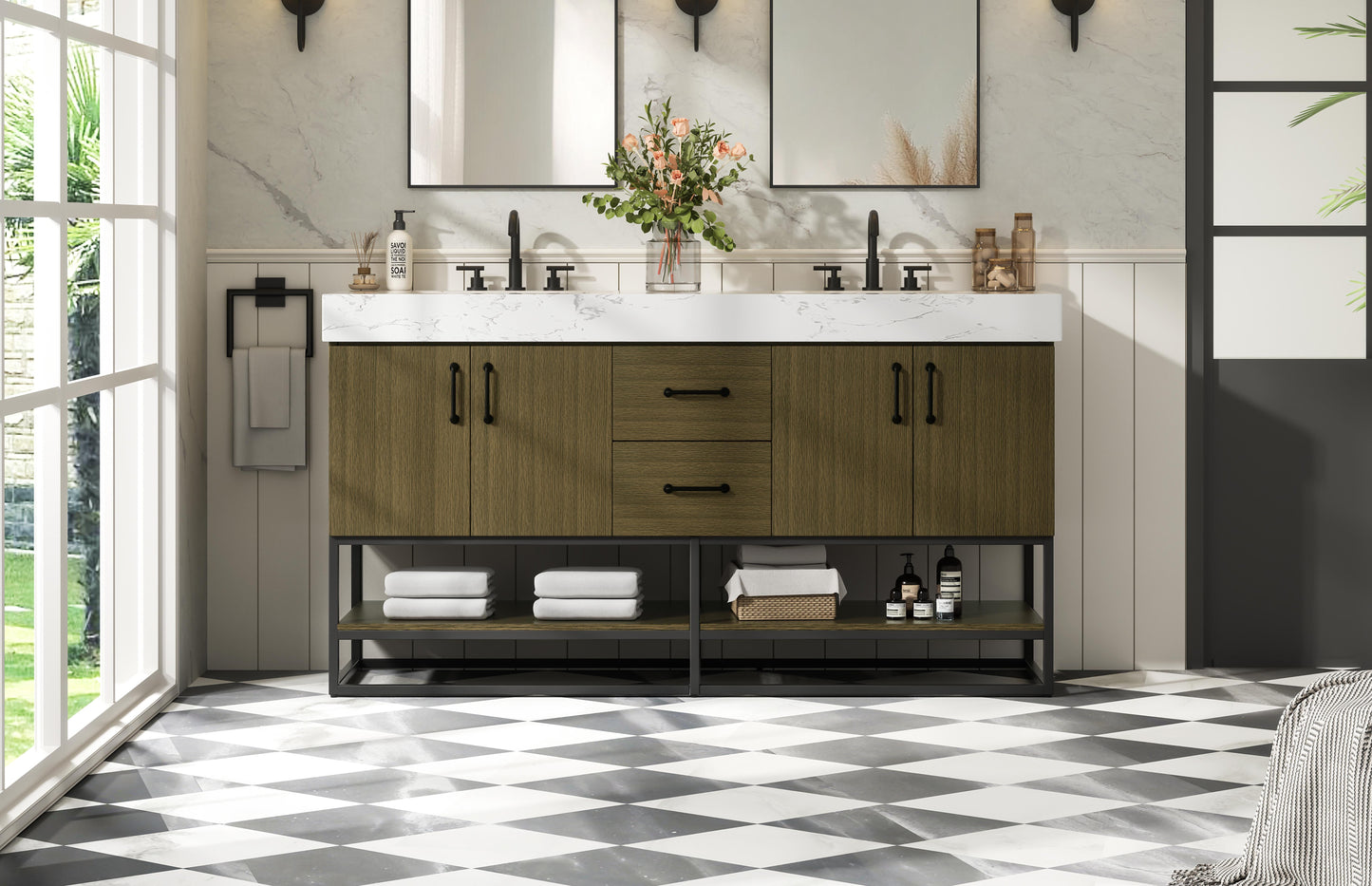 60 inch Double Bathroom Vanity in Chestnut Brown