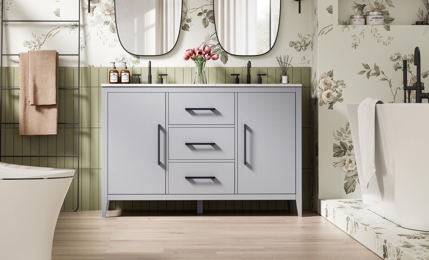 54 Inch Double Bathroom Vanity In Grey