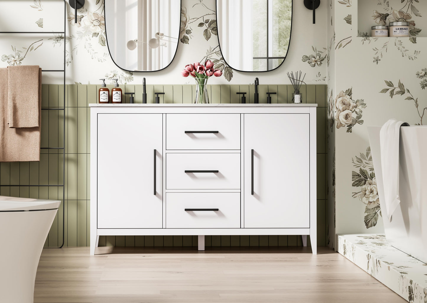 54 Inch Double Bathroom Vanity In White