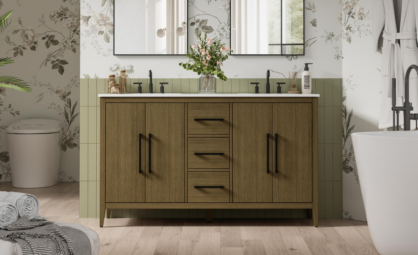 60 Inch Double Bathroom Vanity In Chestnut Brown