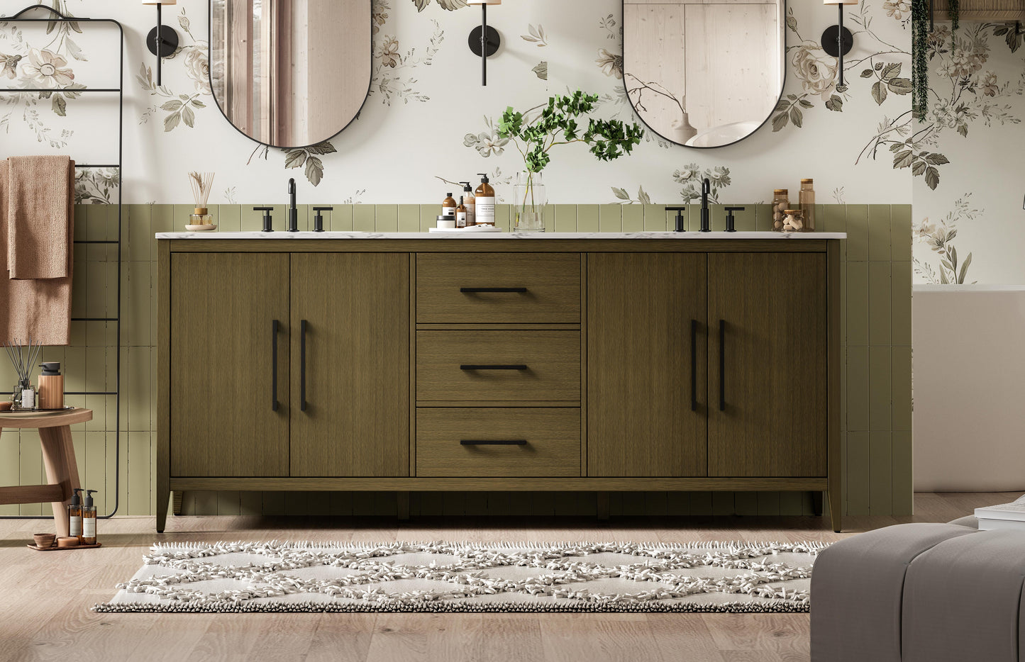 84 Inch Double Bathroom Vanity In Chestnut Brown