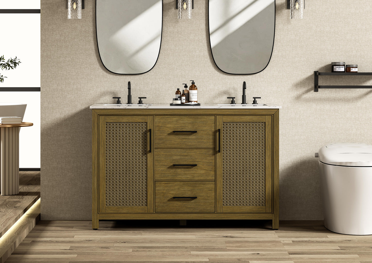 54 Inch Double Bathroom Vanity In Hazel Oak