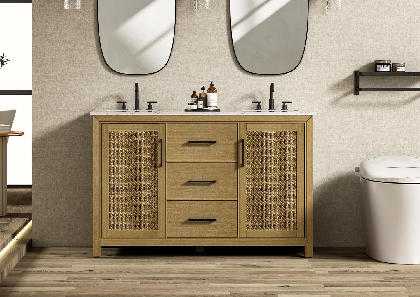 54 Inch Double Bathroom Vanity In Linen Oak