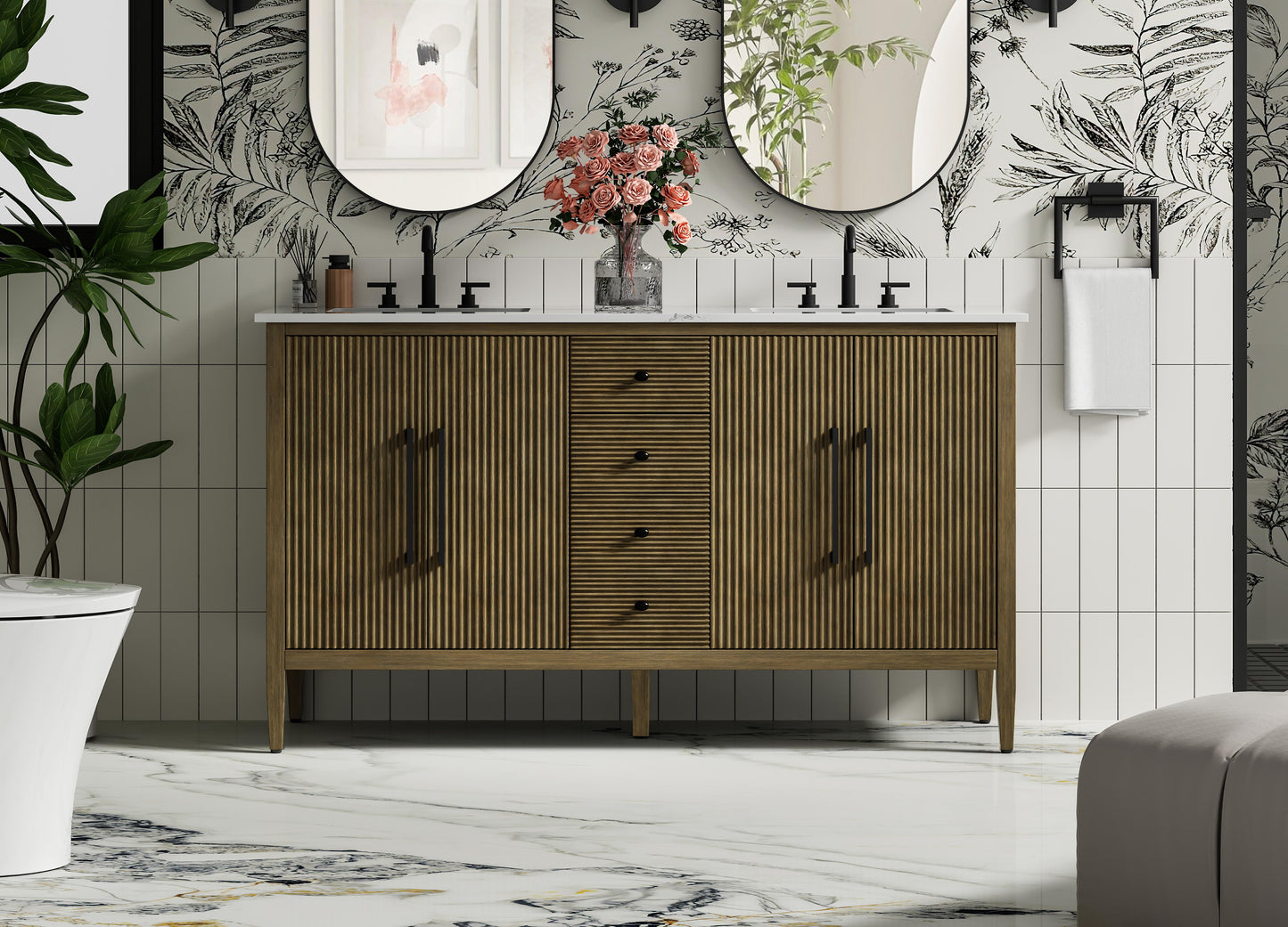 60 inch Double Bathroom Vanity in Hazel Oak