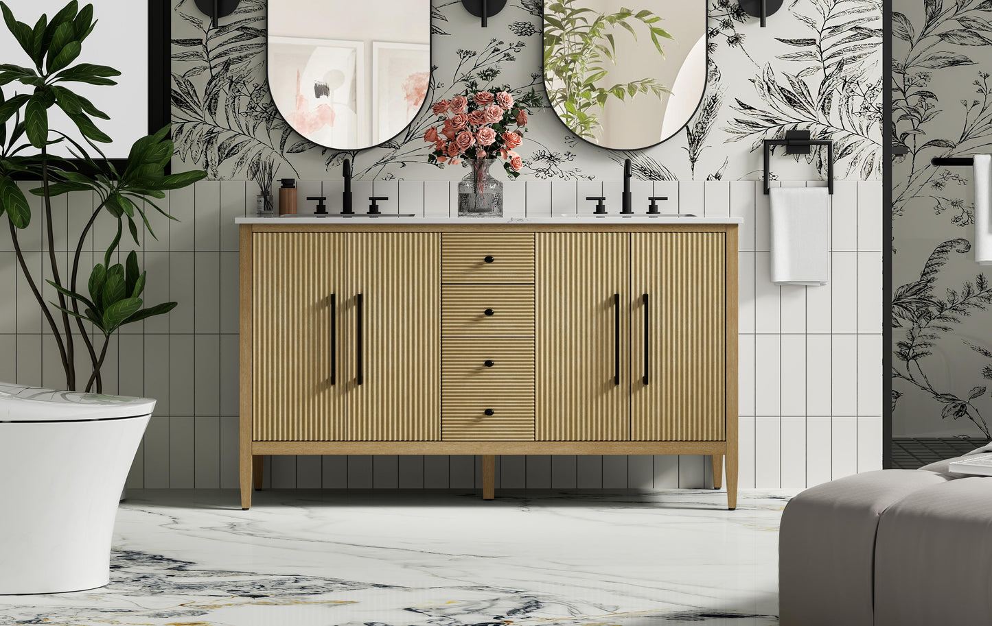 60 inch Double Bathroom Vanity in Linen Oak