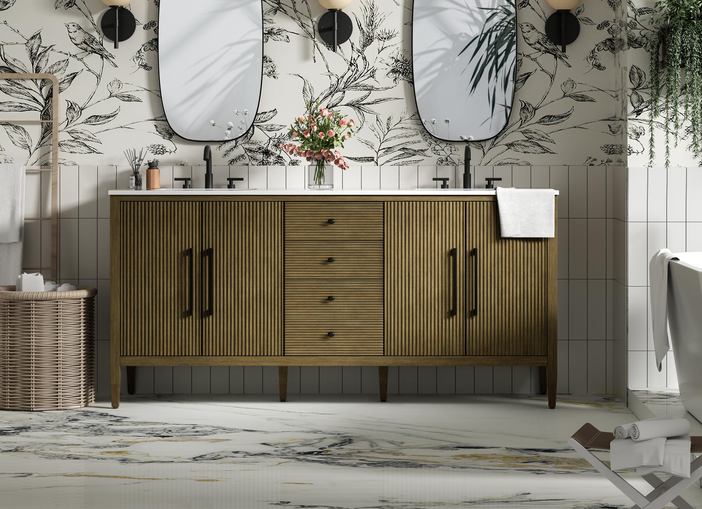 72 inch Double Bathroom Vanity in Hazel Oak