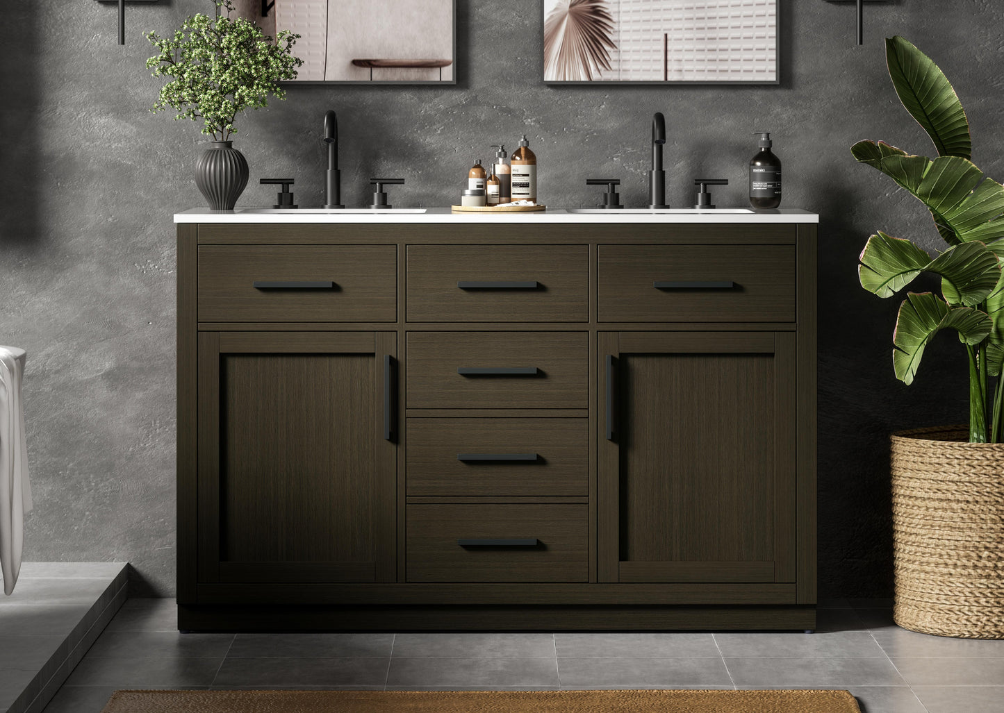 Alden 54 inch Double Bathroom Vanity in Mocha Brown