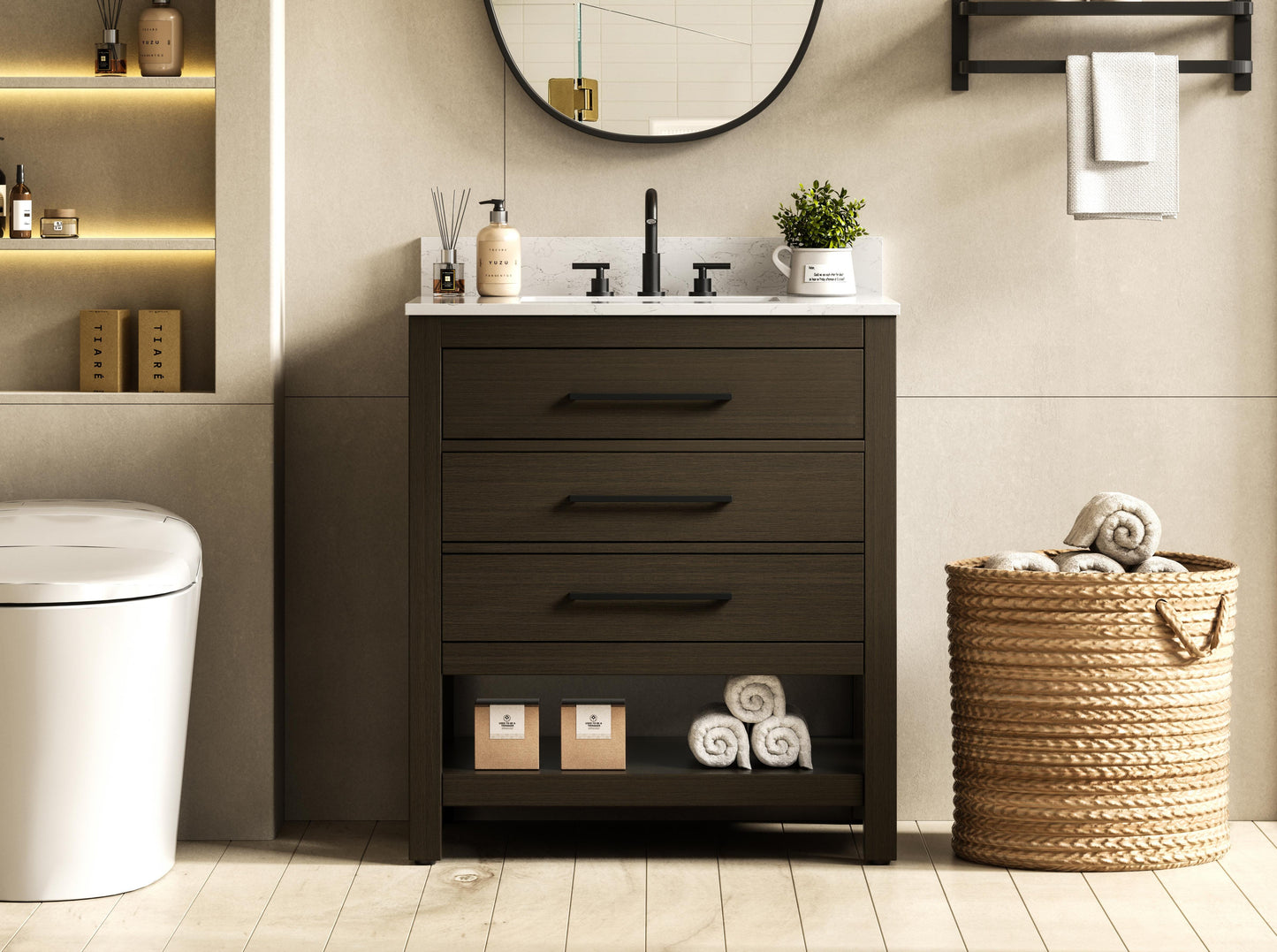30 inch Single Bathroom Vanity in Mocha Brown with backsplash