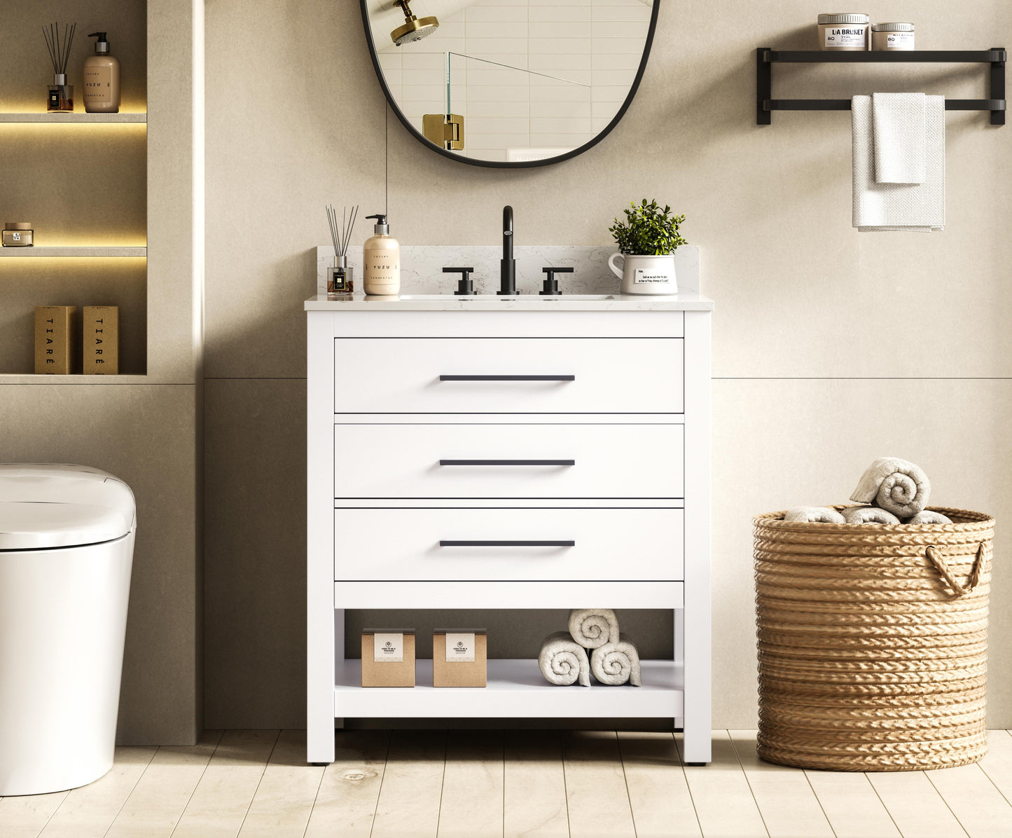 30 inch Single Bathroom Vanity in White with backsplash