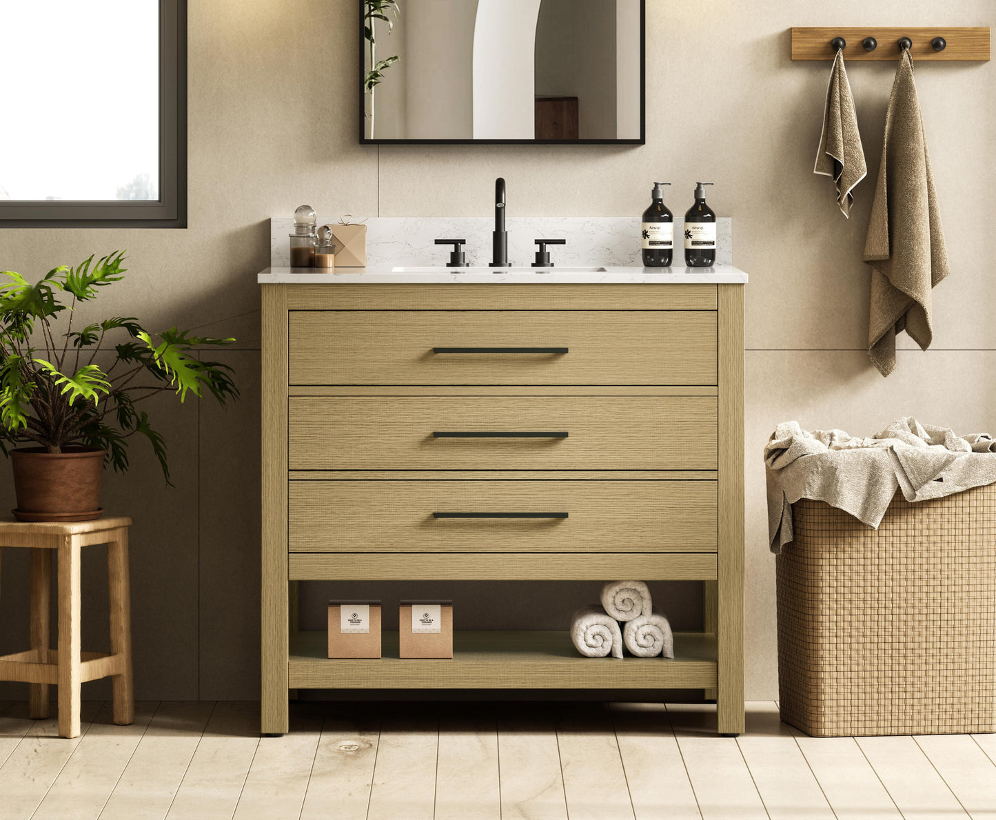 36 inch Single Bathroom Vanity in Honey Brown with backsplash