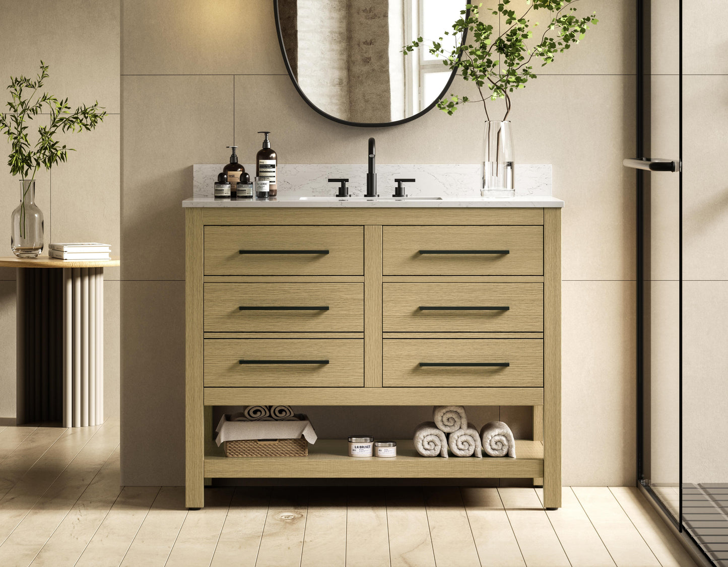 42 inch Single Bathroom Vanity in Honey Brown with backsplash