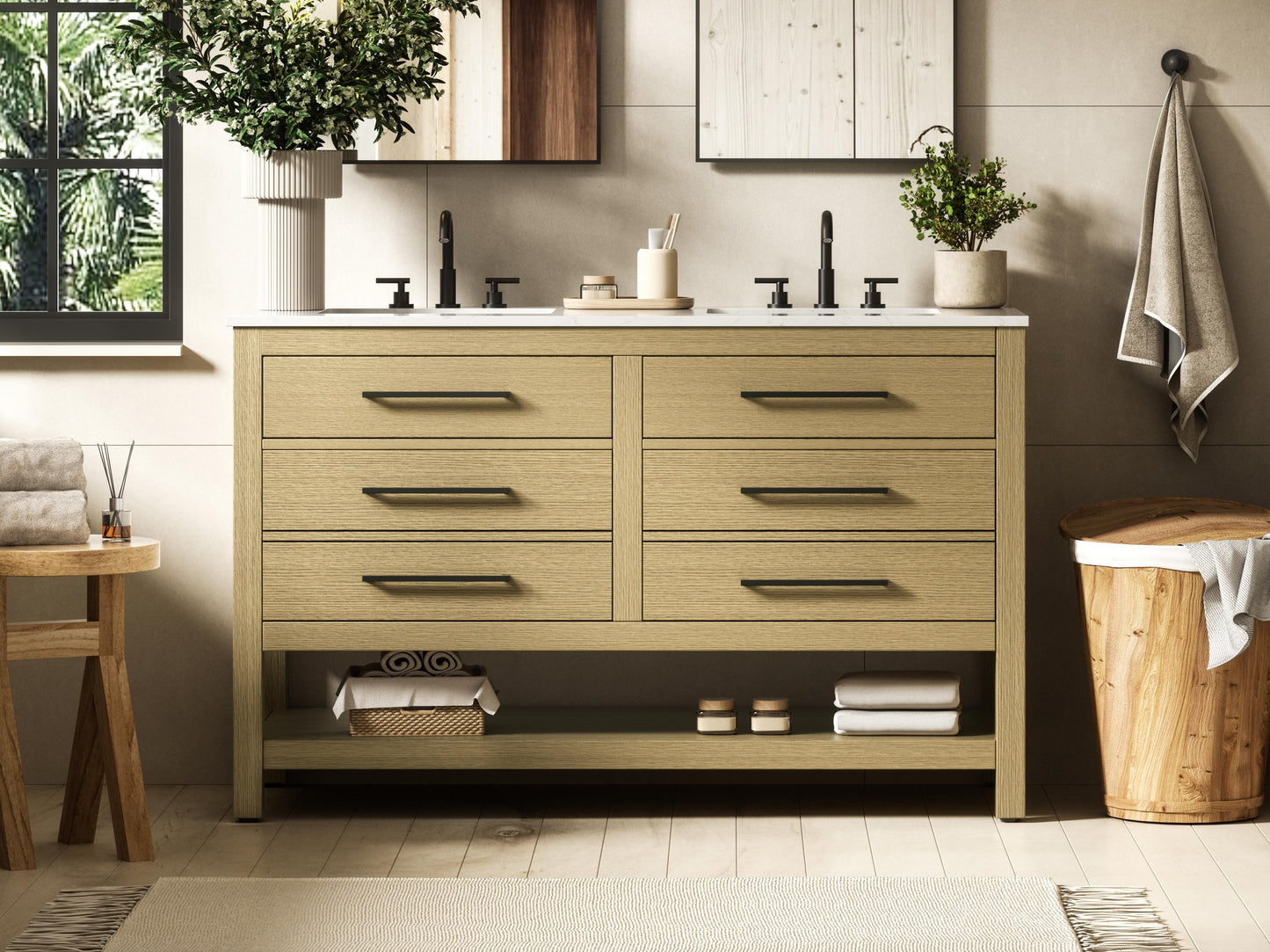 54 inch Double Bathroom Vanity in Honey Brown