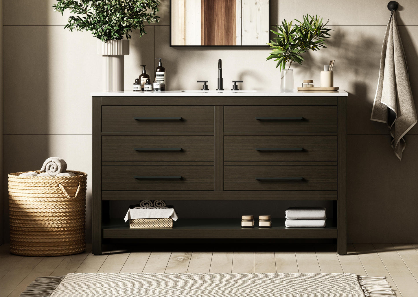 54 inch Single Bathroom Vanity in Mocha Brown