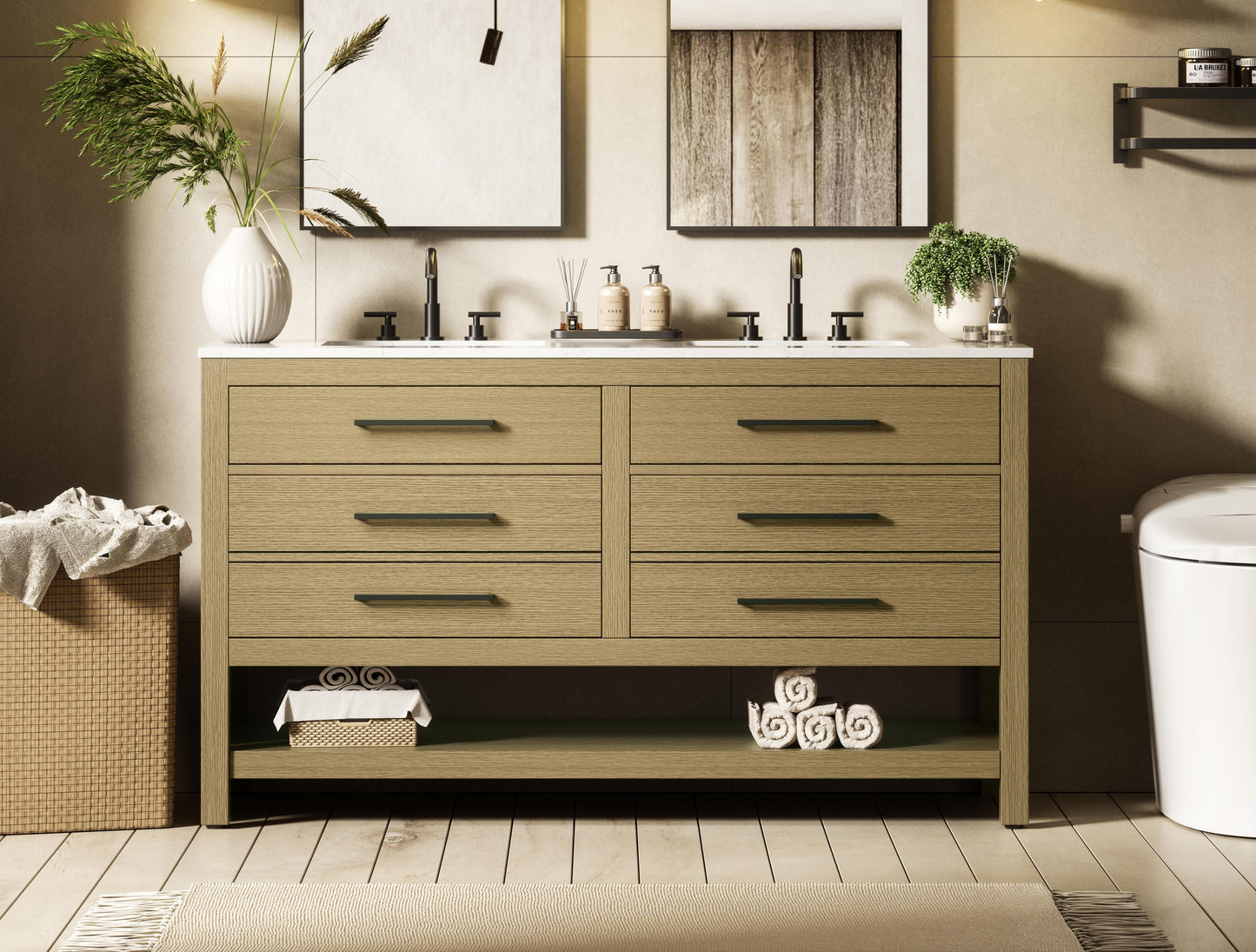 60 inch Double Bathroom Vanity in Honey Brown