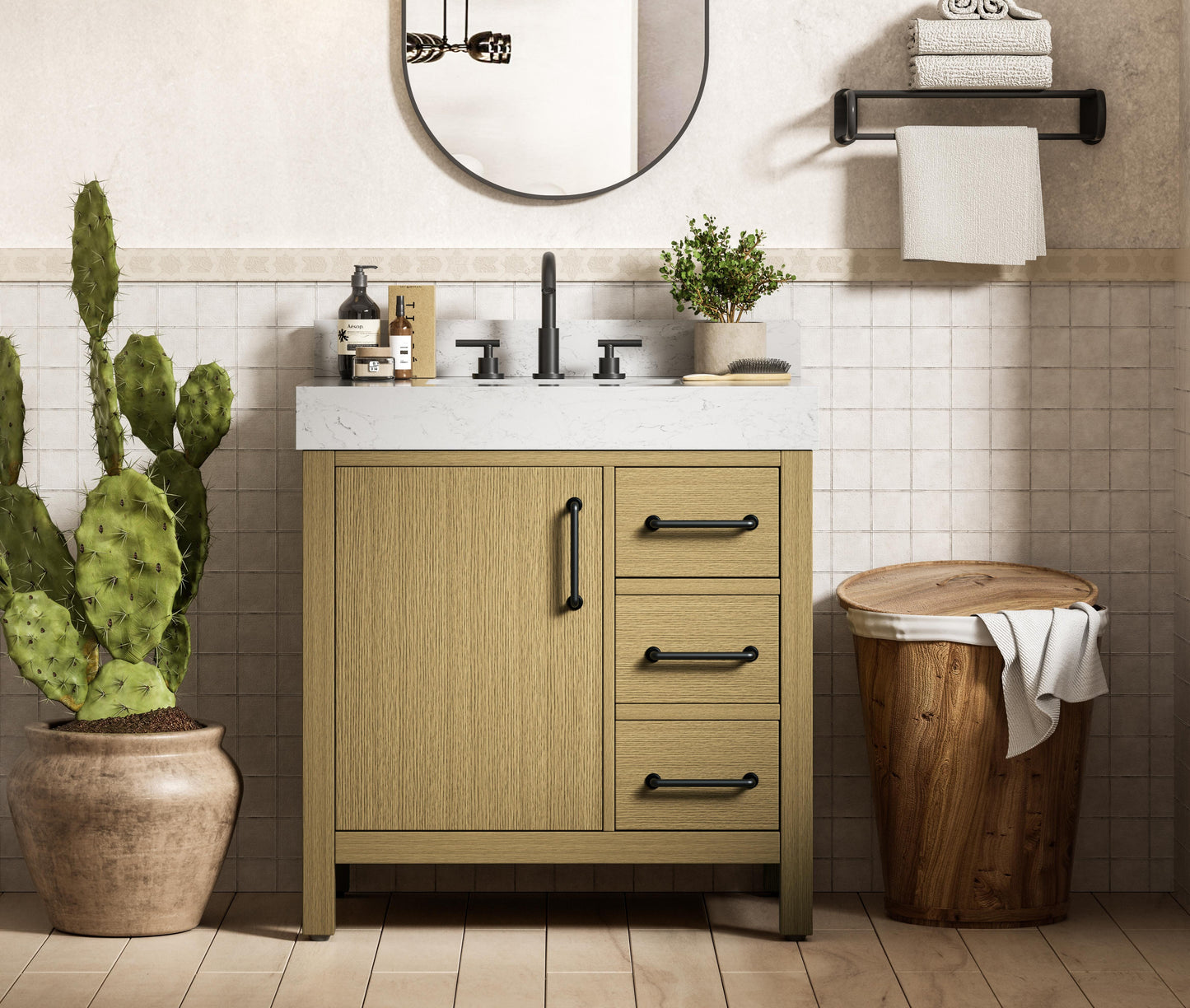 32 inch Single Bathroom Vanity In Honey Brown with backsplash