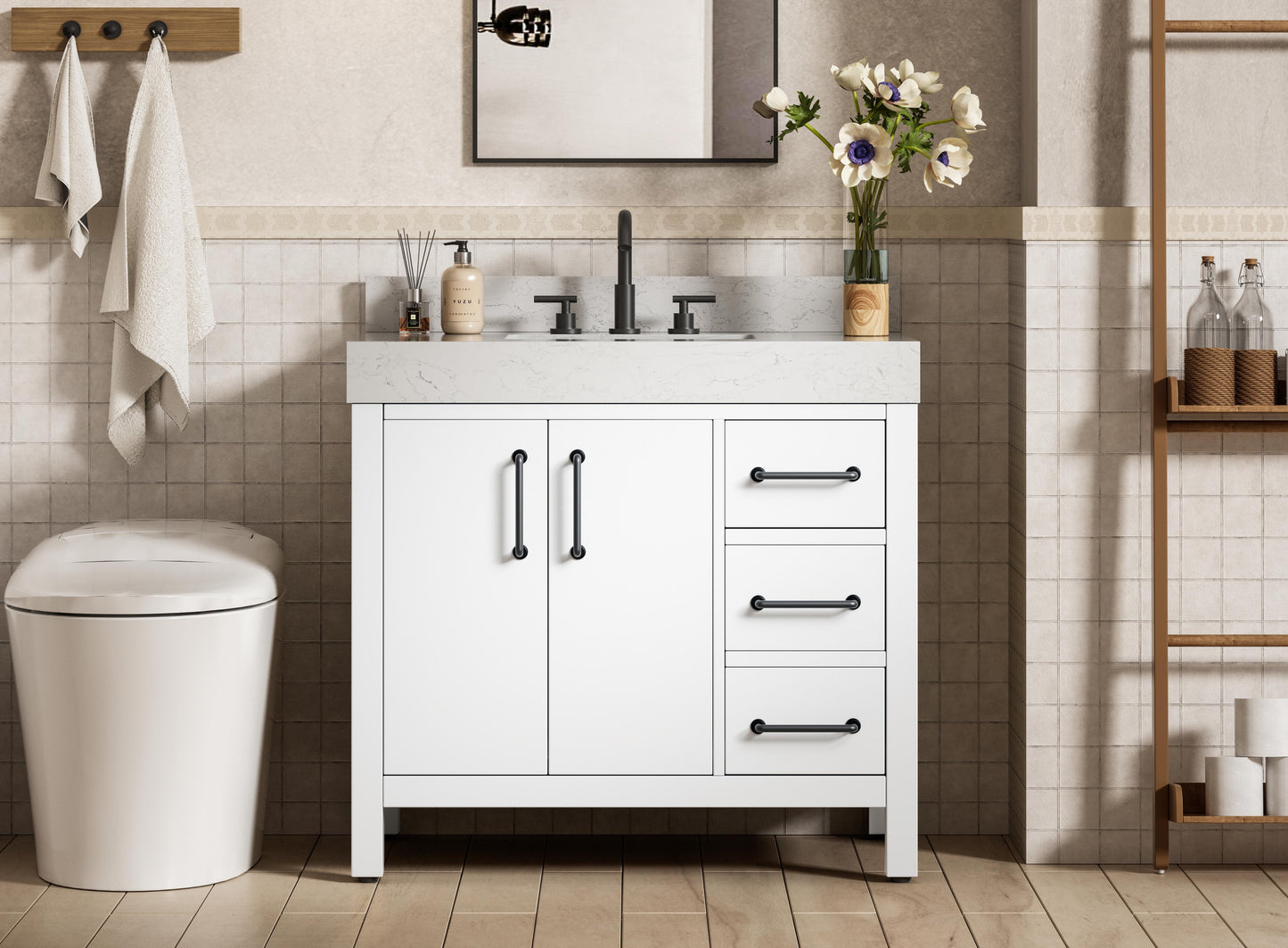 36 inch Single Bathroom Vanity In White with backsplash