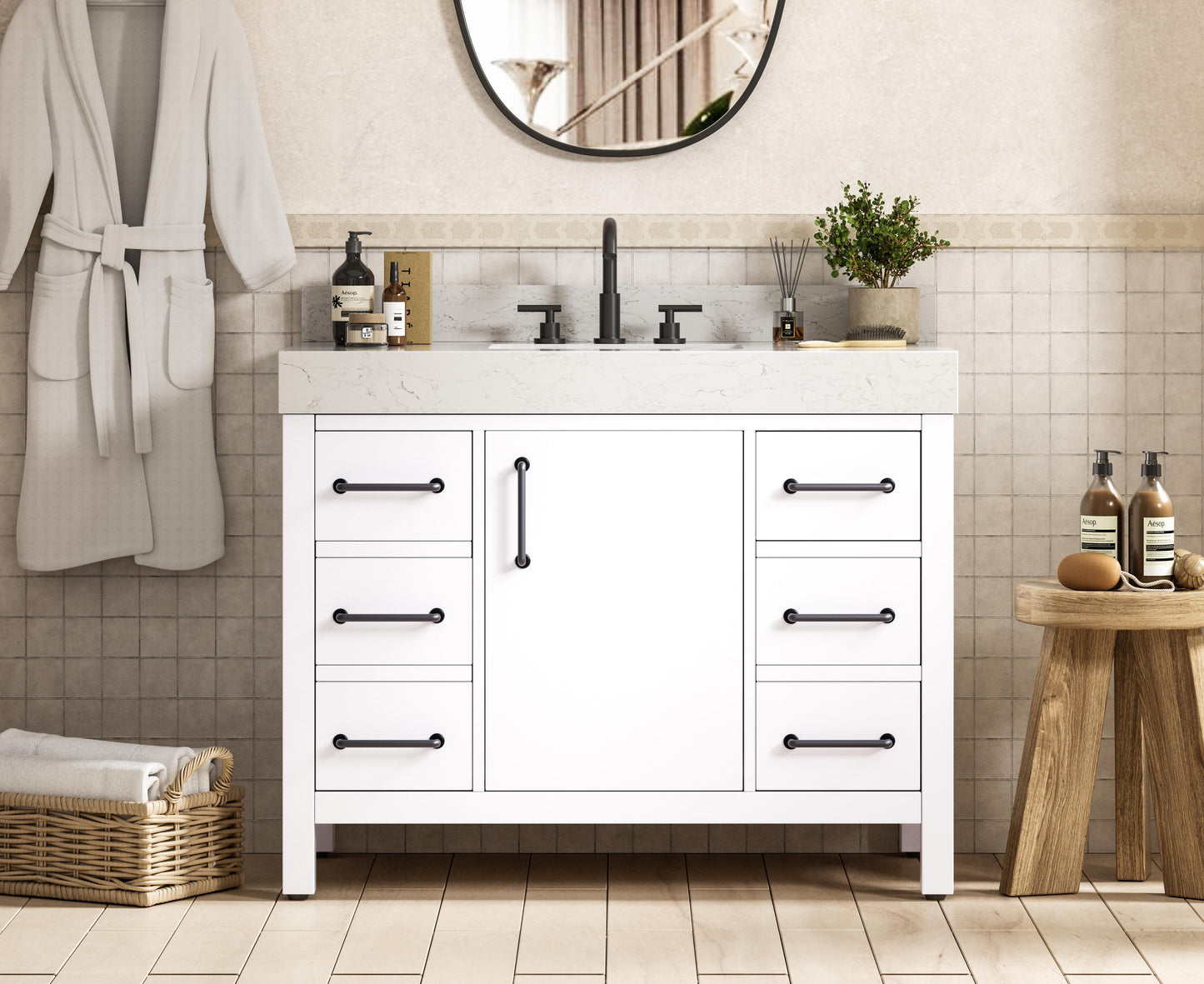 42 inch Single Bathroom Vanity In White with backsplash