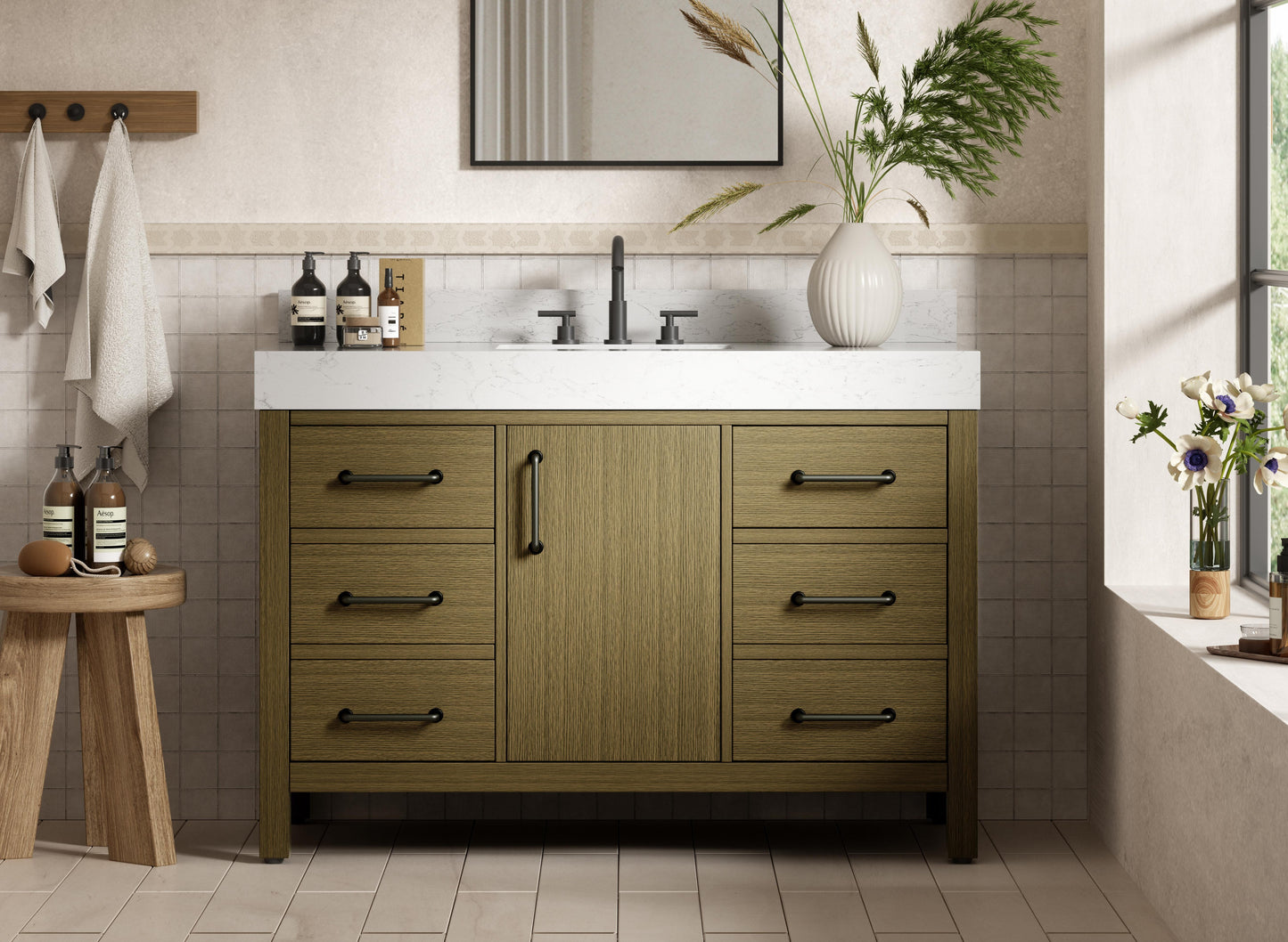 48 inch Single Bathroom Vanity In Chestnut Brown with backsplash