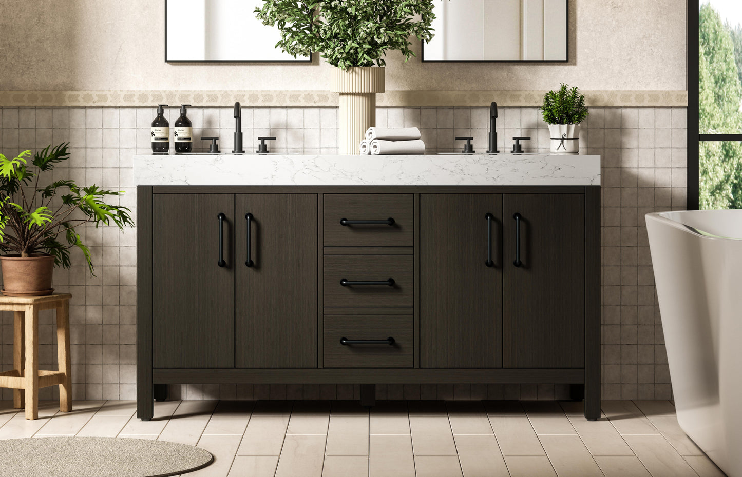 60 inch Double Bathroom Vanity In Mocha Brown