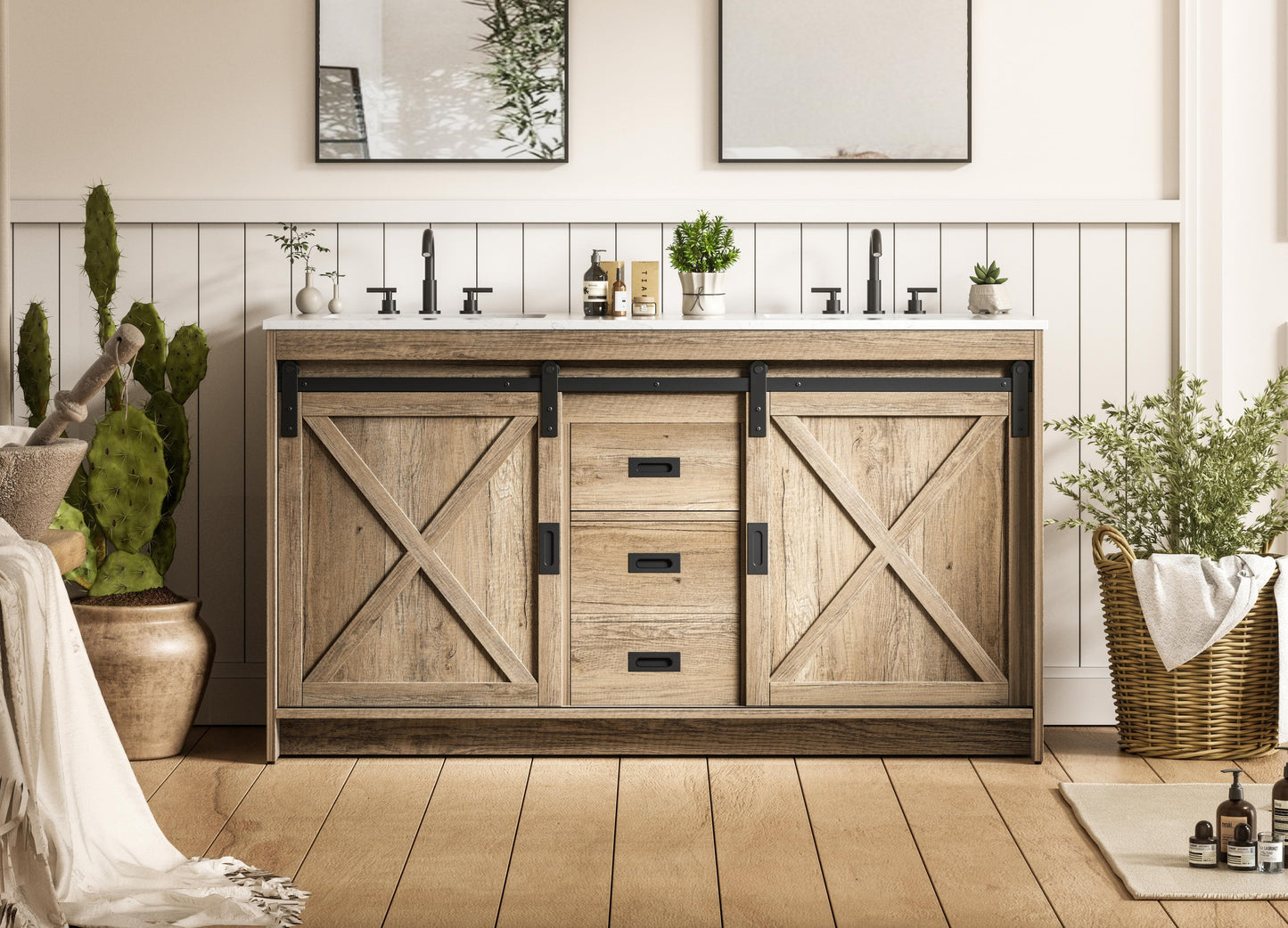 Austin 60 inch Double Bathroom Vanity in Natural Oak