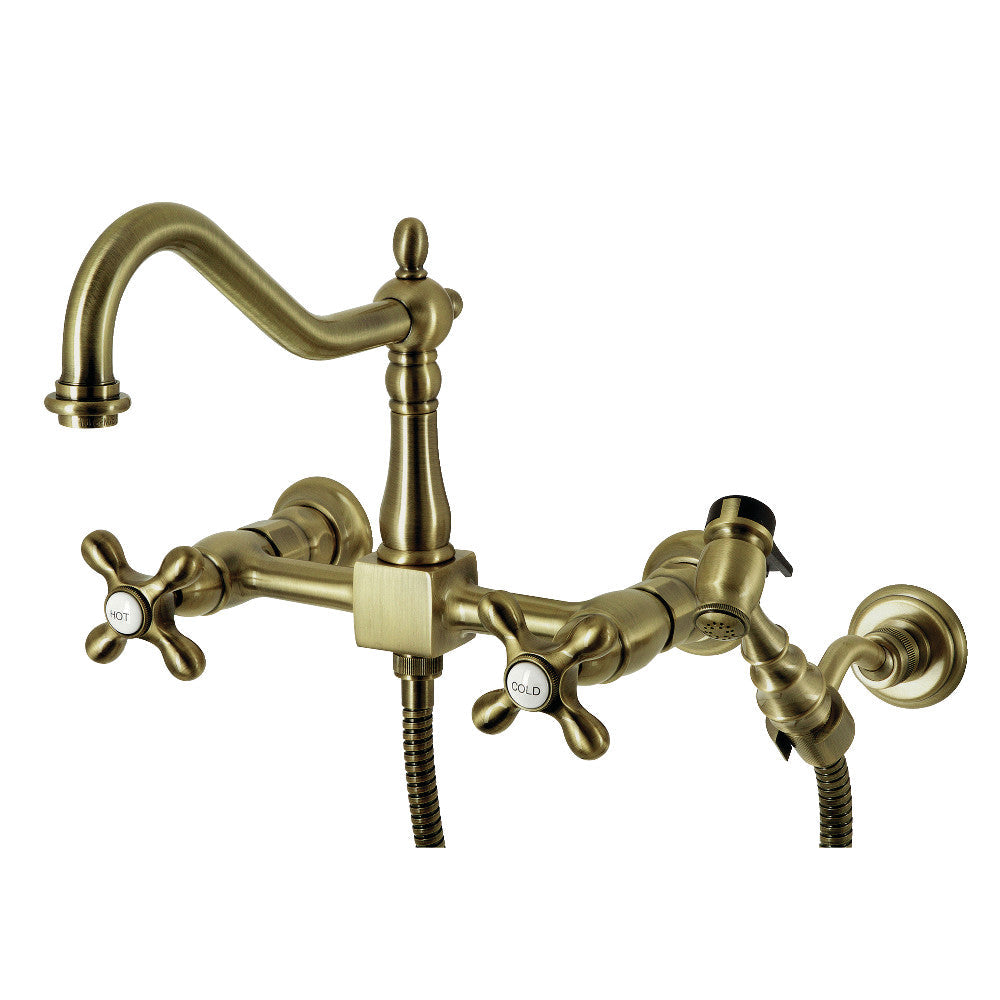 Heritage Wall Mount Kitchen Faucet in Antique Brass