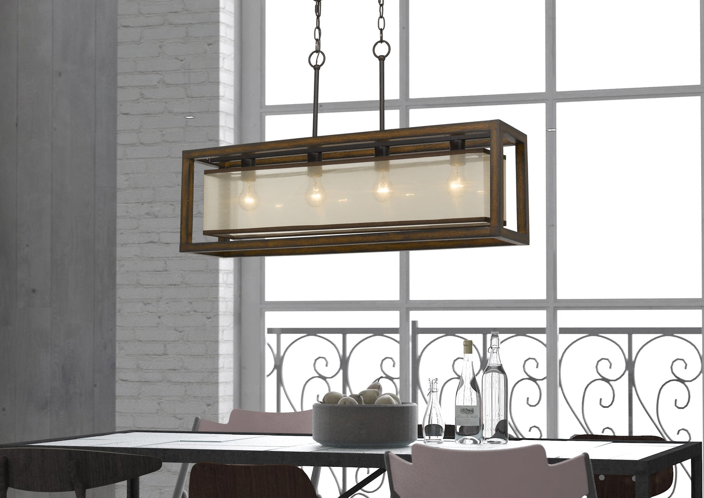 60W X 4 Rubber Wood Island Chandelier With Organza Shade
