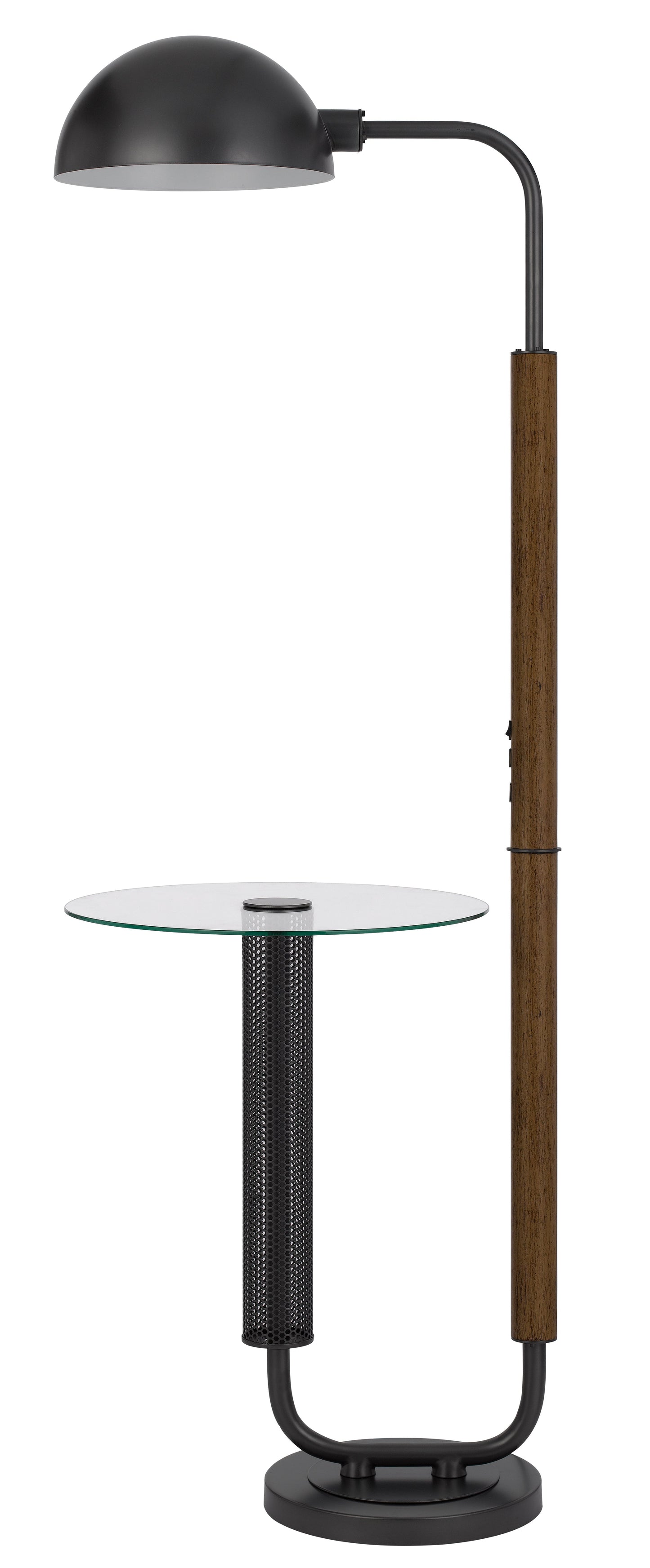 100W Keyser metal floor lamp with faux wood pole and glass tray table and metal shade. Equipped with 1 USB and 1 USB-C charging ports Oak/Black