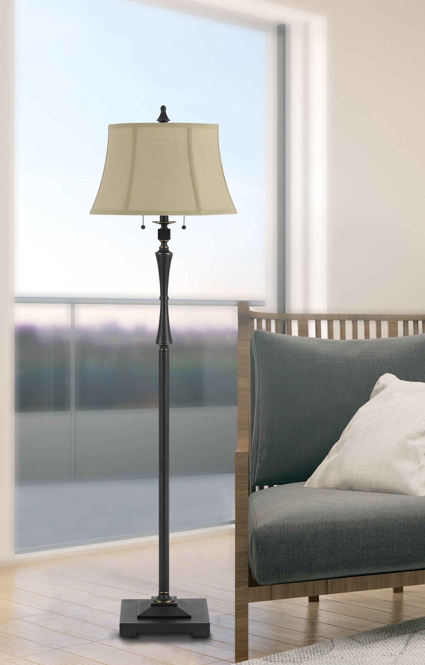 60W X 2 Madison Club Floor Lamp With Burlap Shade And Pull Chain Switch