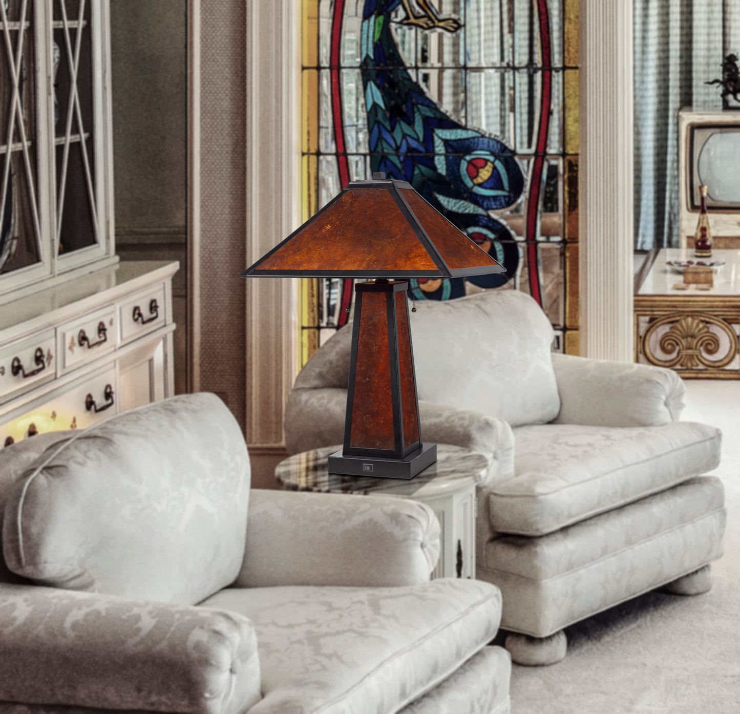 60W X 2 Nogales Mission Style Mica Table Lamp With 7W Night Light (Night Light Bulb Included)