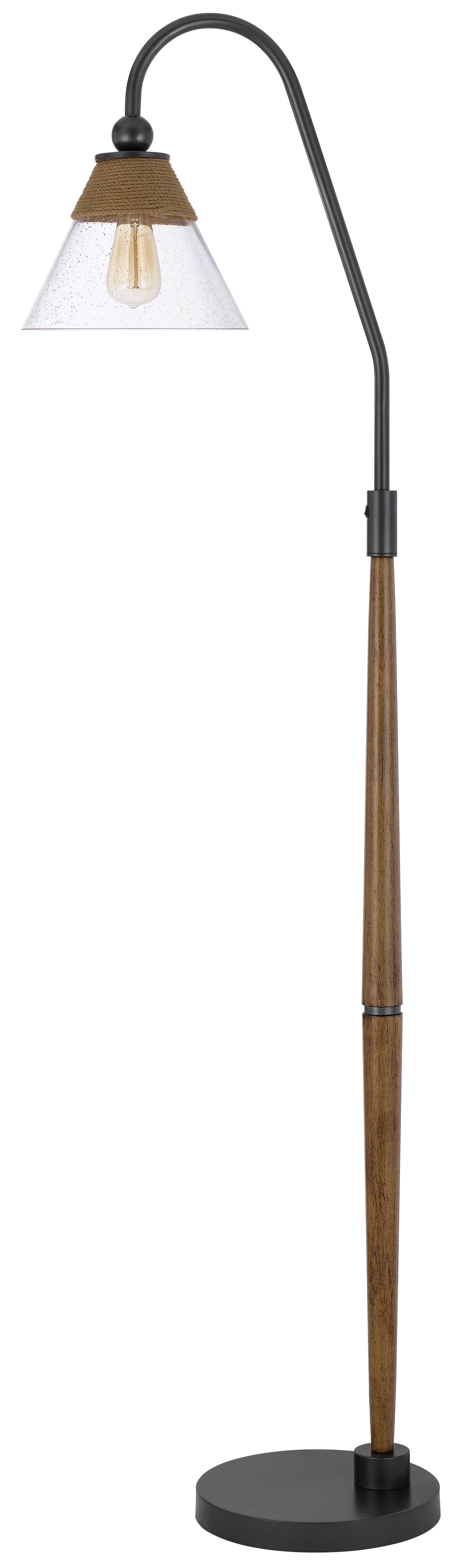 60W Hinton downbridge metal floor lamp with faux wood pole and glass shade