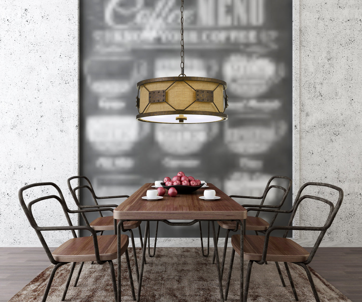 60W X 3 Ragusa Metal 2 In 1 Pendant/Semi Flush Mount Fixture With Burlap Shade