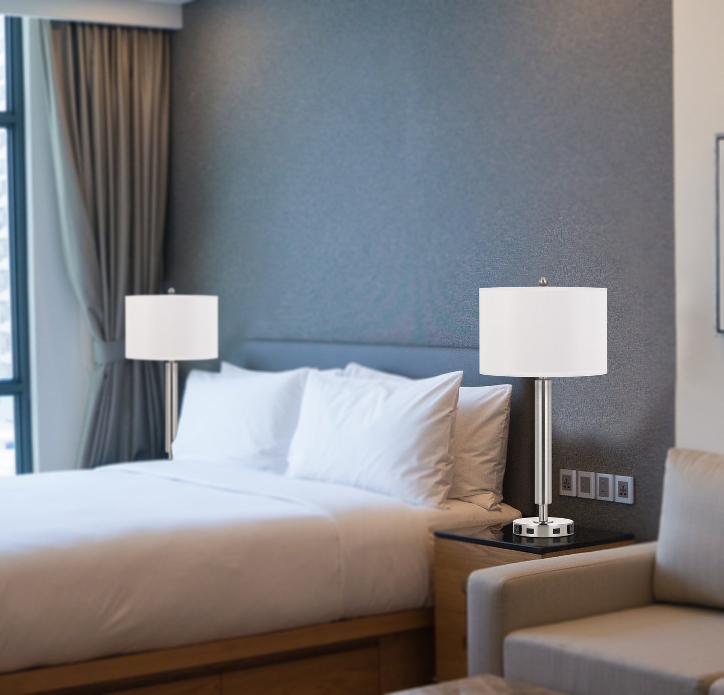 Metal Night Stand Lamp With USB And Power Outlets