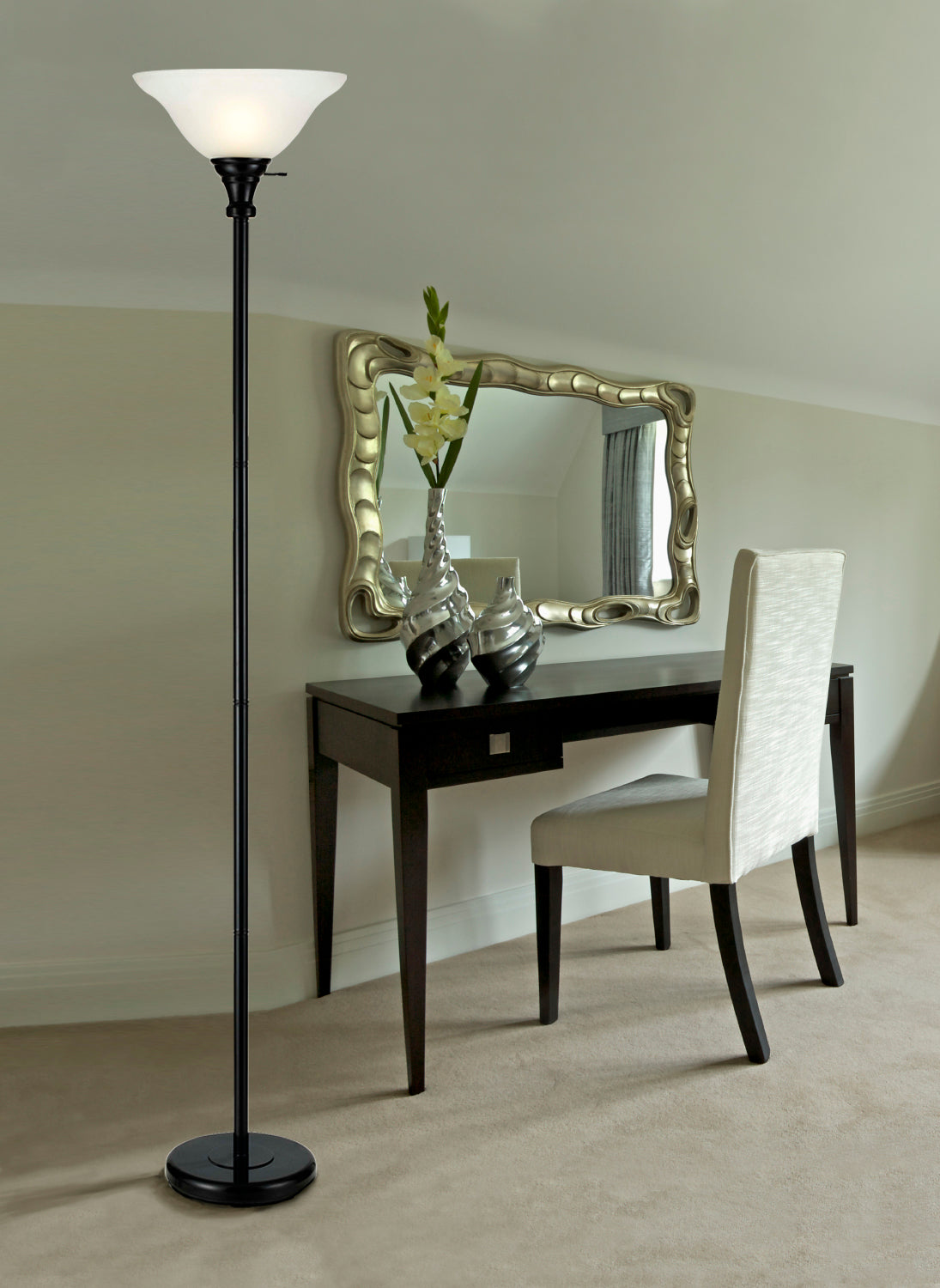150W 3 Way Metal Torchiere With Glass Shade
