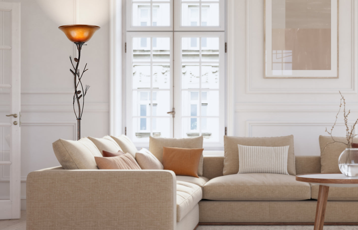 150W 3 Way Pinecone Torchiere With Glass Shade